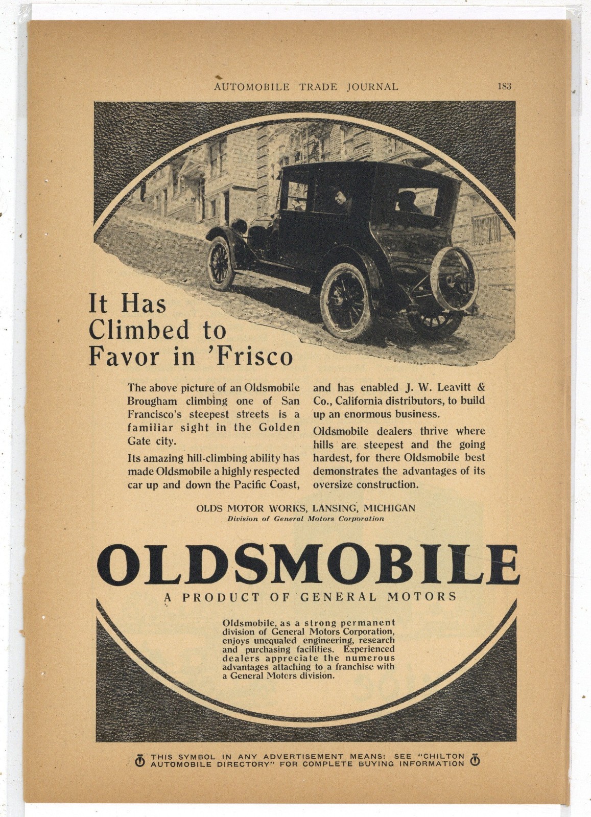 1923 Oldsmobile Brougham Automobile Ad: J.W. Leavitt Dealer, San Francisco