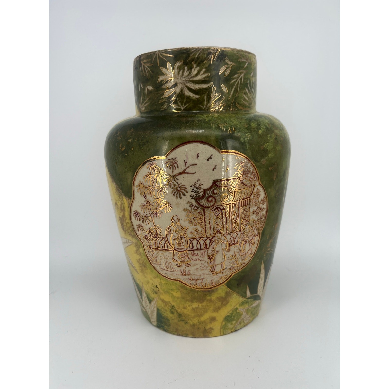 Antique Japanese Satsuma Style Green Gold Hand Painted Art Pottery Vase 10”