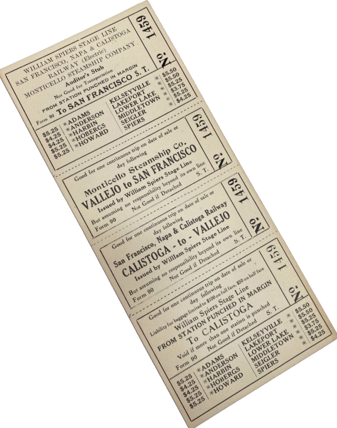 1910s SAN FRAN., NAPA & CALISTOGA RAILWAY California ticket MONTICELLO STEAMSHIP