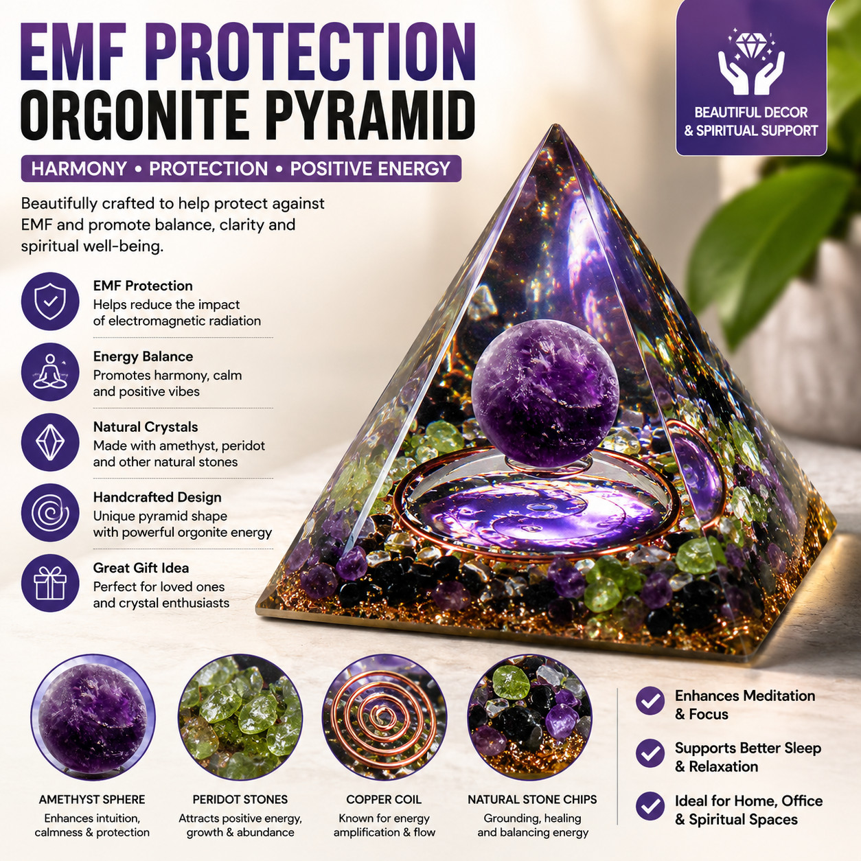 EMF Protection Orgonite Pyramid Amethyst Peridot Healing Crystal Energy Orgone