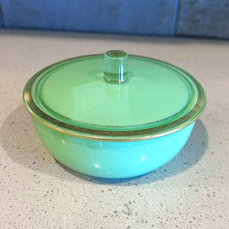 Vintage Aqua Green Glass Powder Jar Dana Puff Depression Era Style Vanity