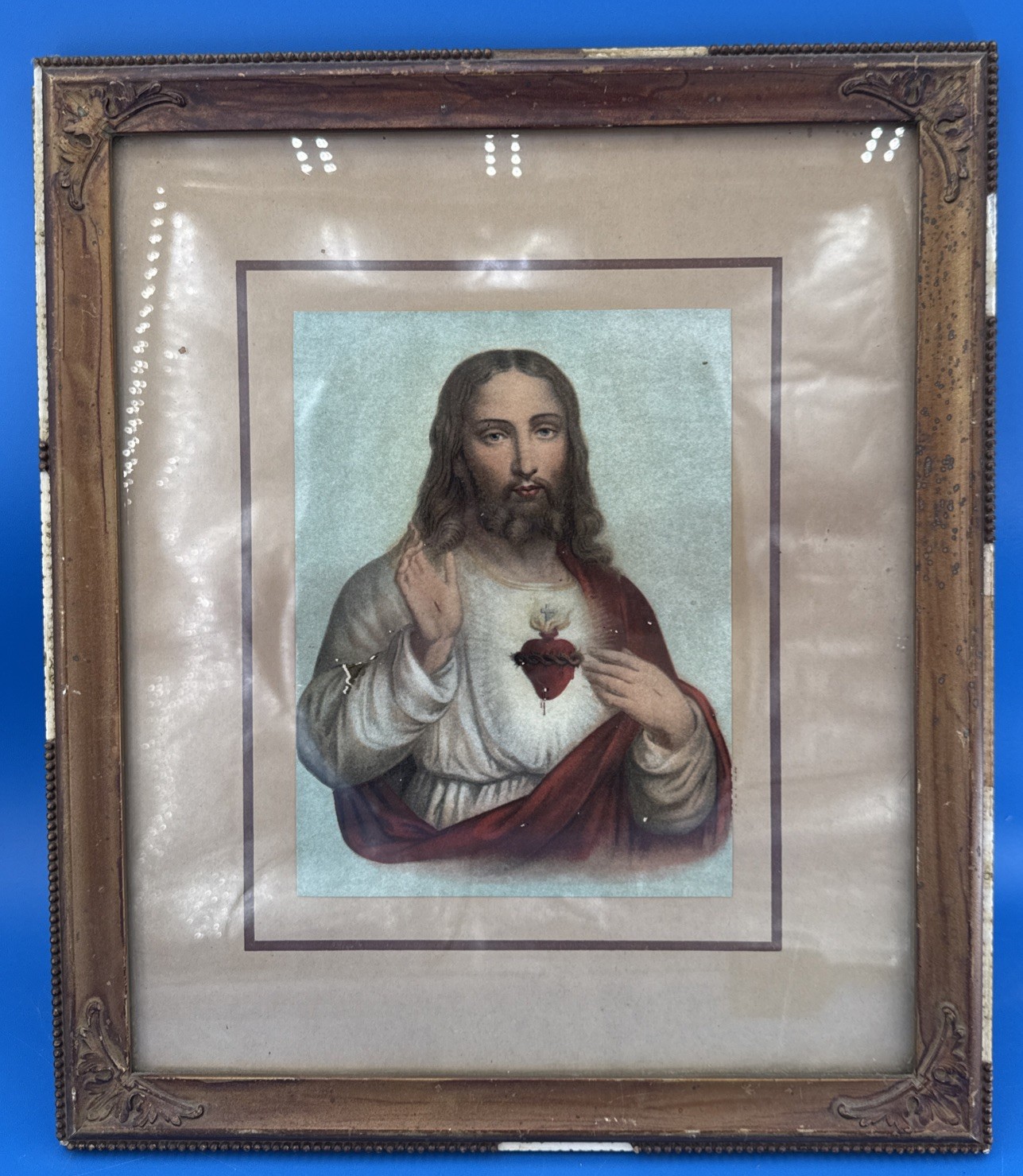 Vintage Antique Artwork Sacred Heart Of Jesus Christ Picture Wood Frame