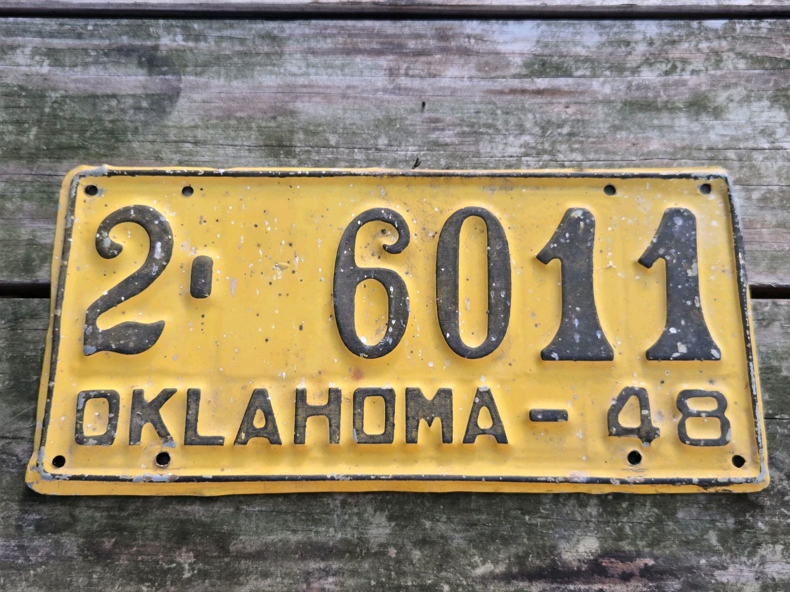 Vtg 1948 License Plate Oklahoma Yellow And Black Original Paint Tulsa County