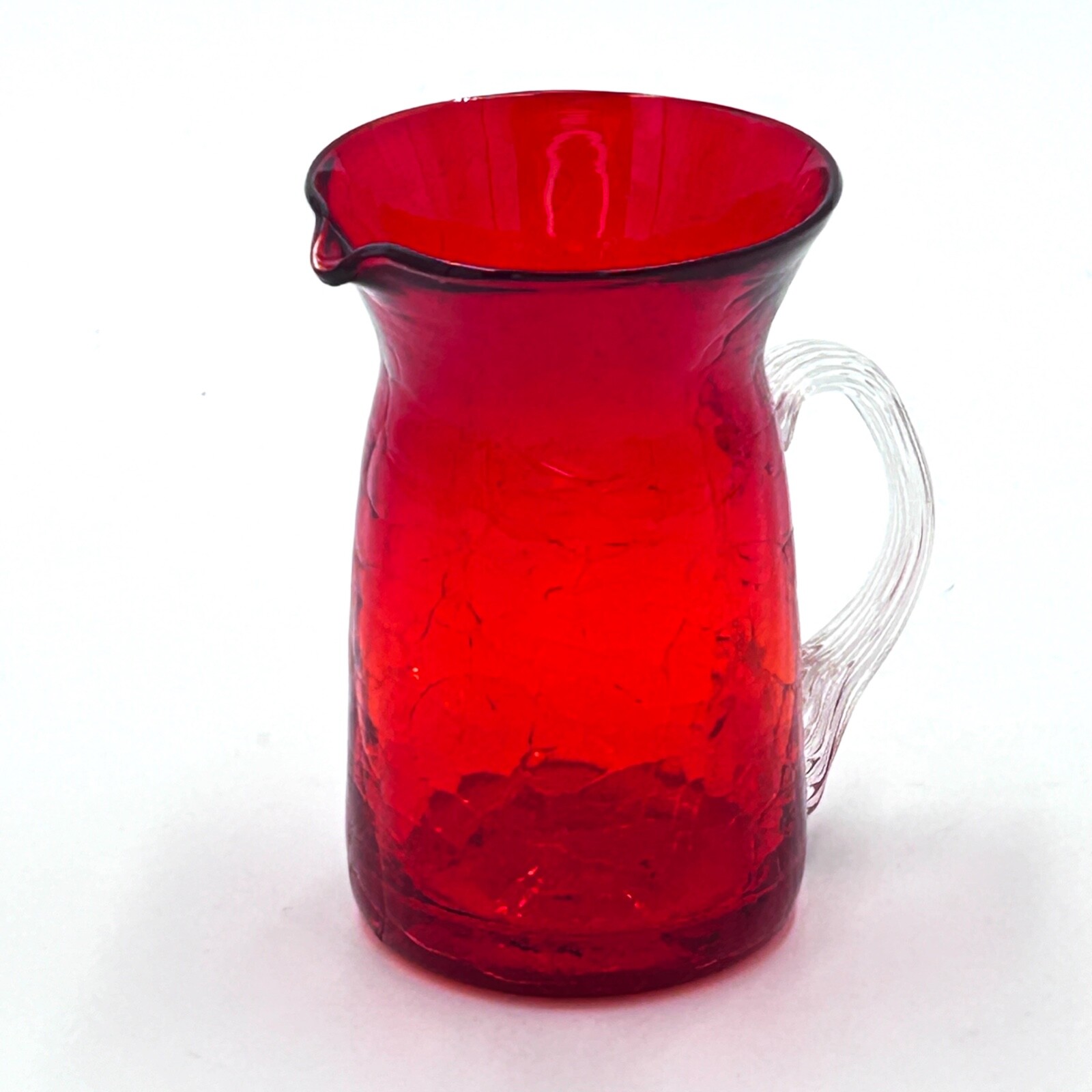 Vint Ruby Red Handblown Crackle Glass Mini Pitcher w/Clear Applied Handle