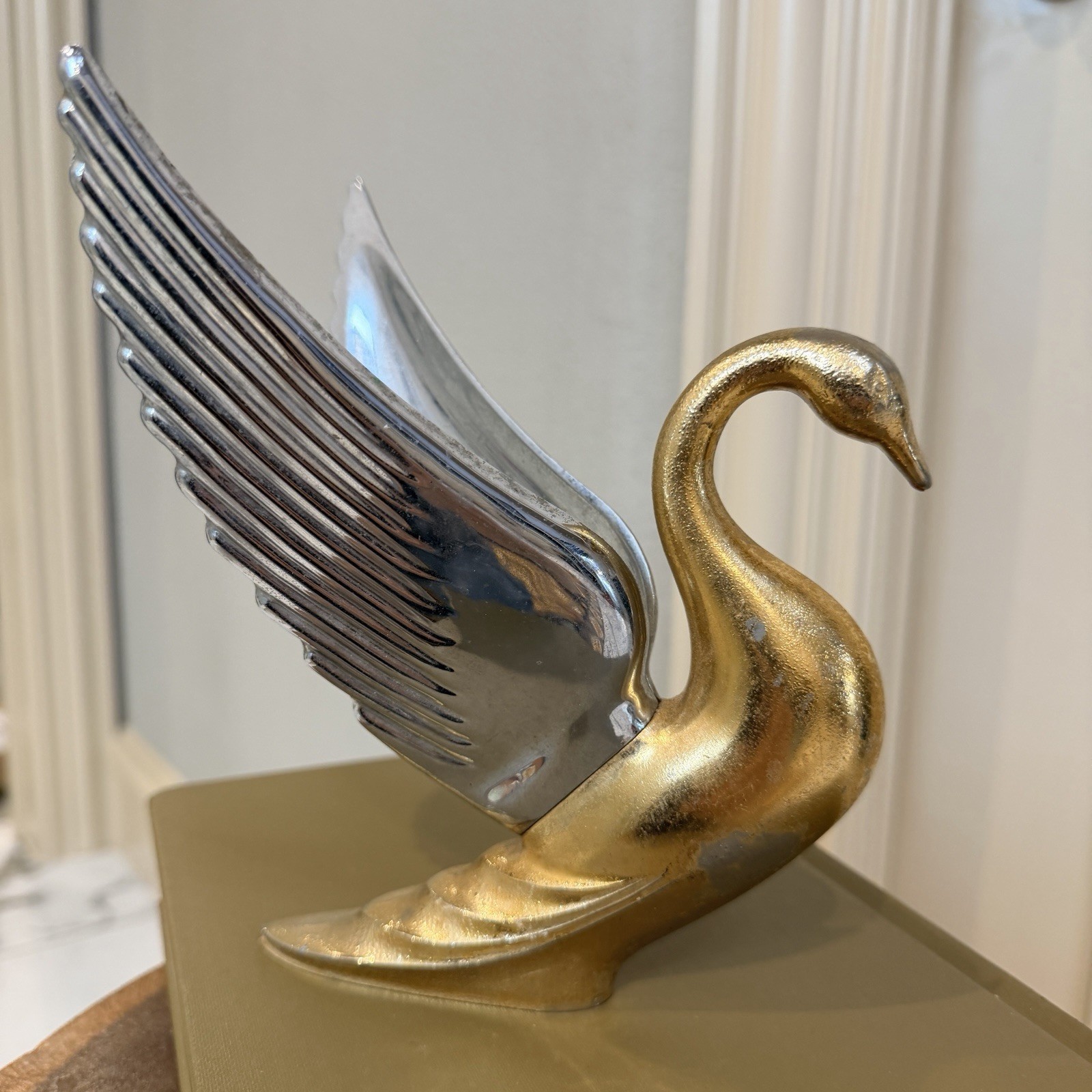 Vintage Bugler Swan Hood Ornament Chrome Wings Gold Packard Style 8”