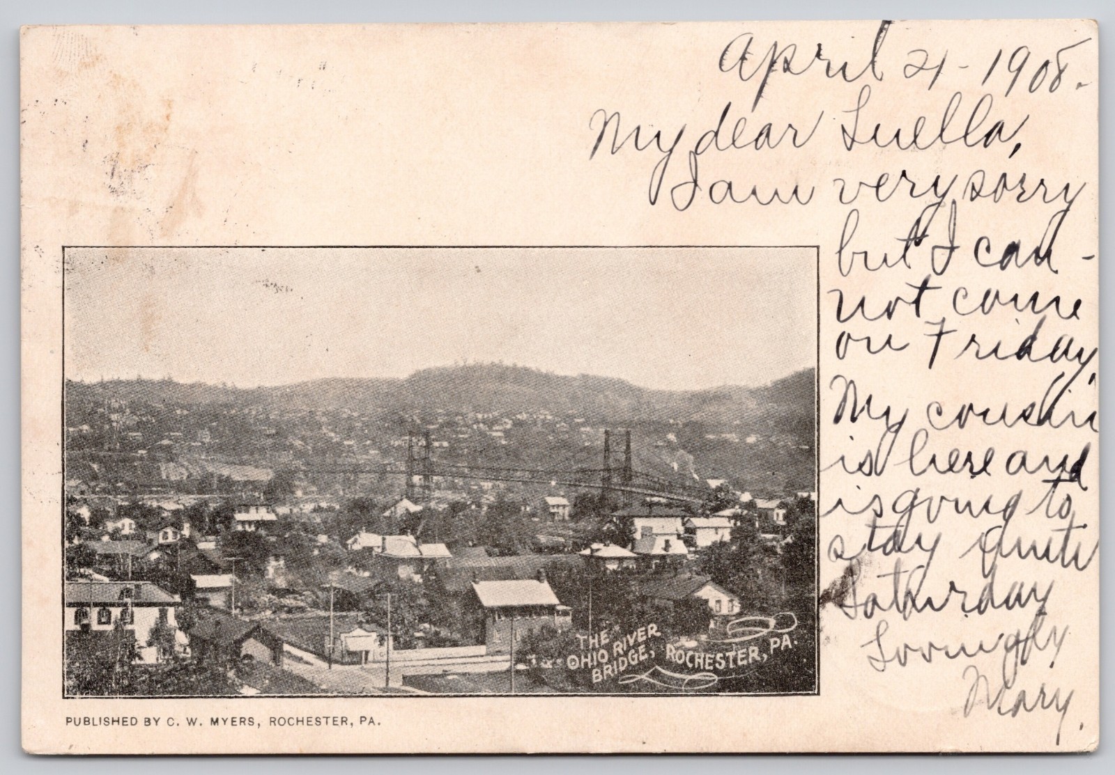 Rochester Pennsylvania PA Ohio River Bridge Town View Postcard 1908