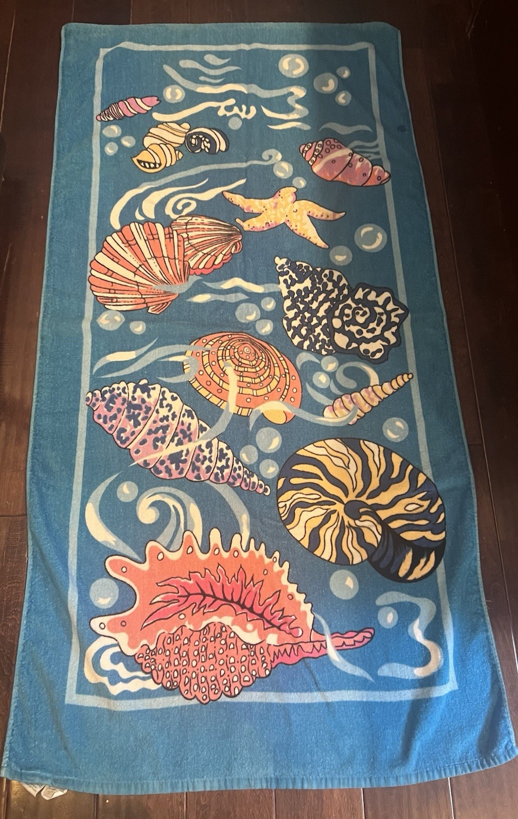 Vintage Leshner Beach Towel Seashells On Blue Background Ocean Inspired Pattern