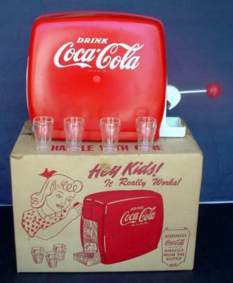 1950s Coca Cola Coke toy soda Dispenser + Original Box & 4 Glasses