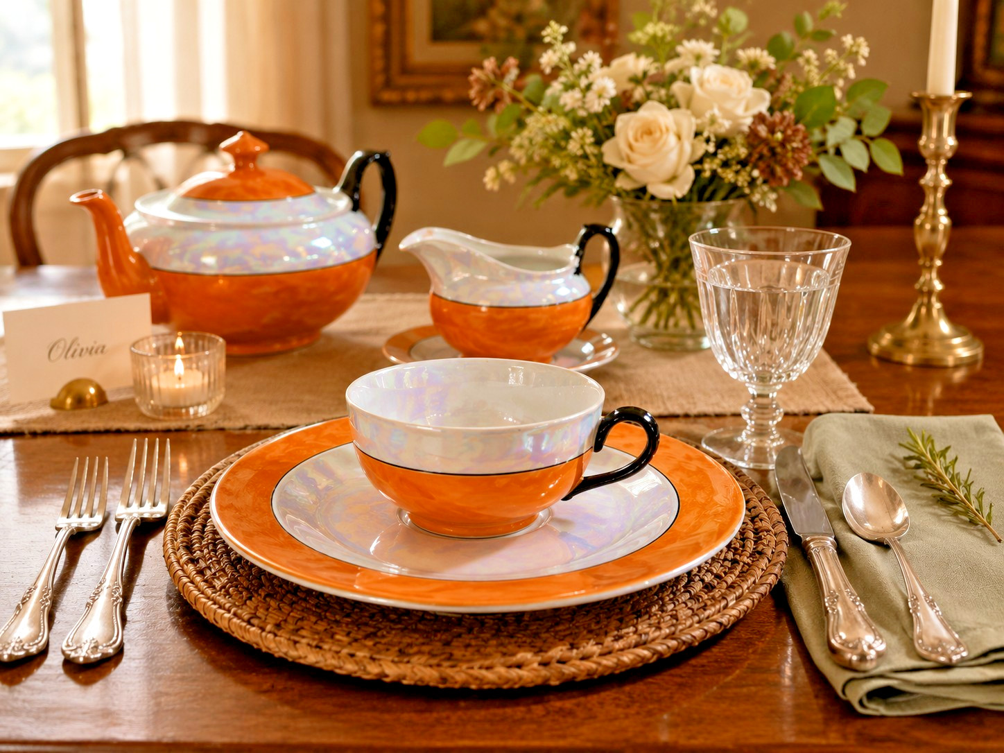Vintage Czechoslovakia Orange Lusterware Tea Set Art Deco Iridescent Por. 25 Pc
