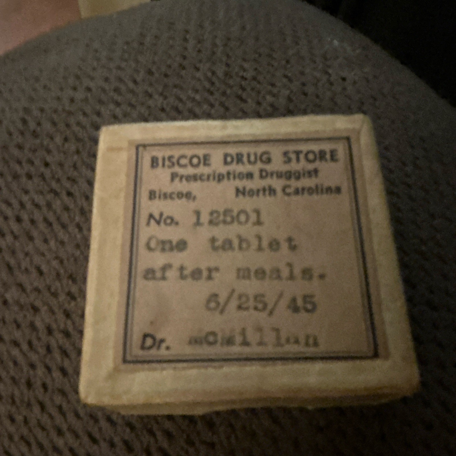 Vintage Biscoe Drug Store Prescription Box No. 12501 North Carolina 6/25/45