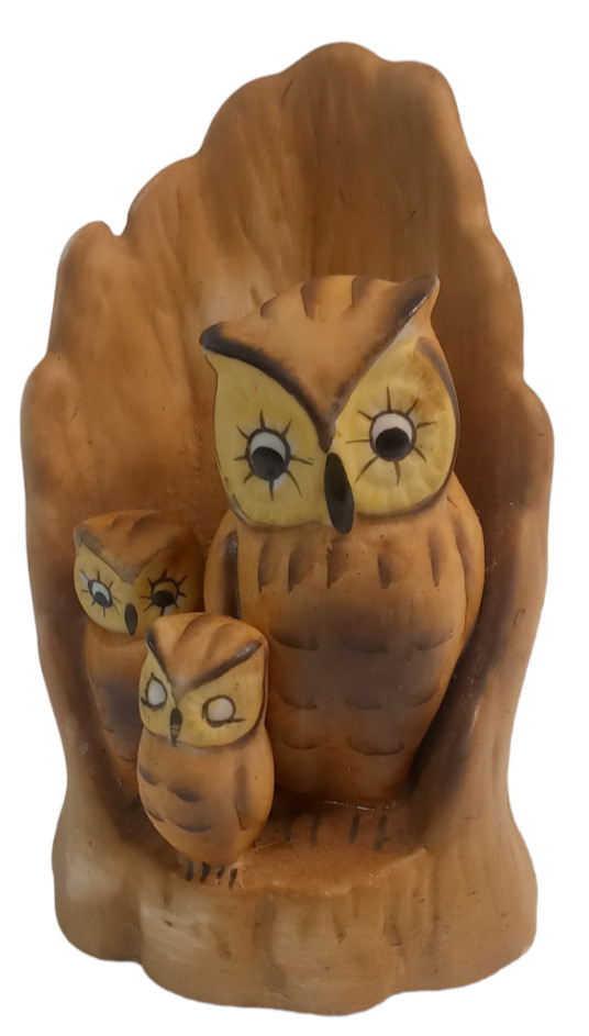 Owl Figurine 3 Owls Mama Babies Brown Porcelain 5 1/2X3\