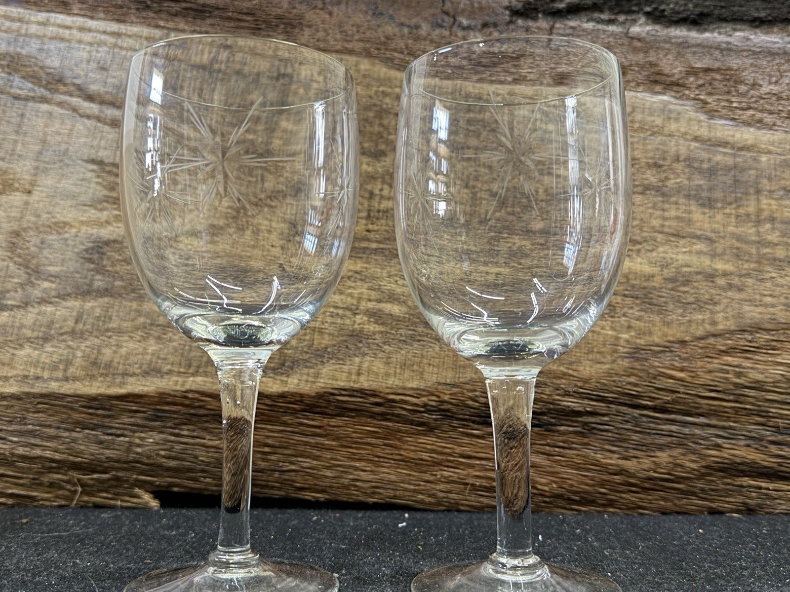2 Vintage Susquehanna Six Point Star Etched Wine Goblets Pair - MCM Clear Stem