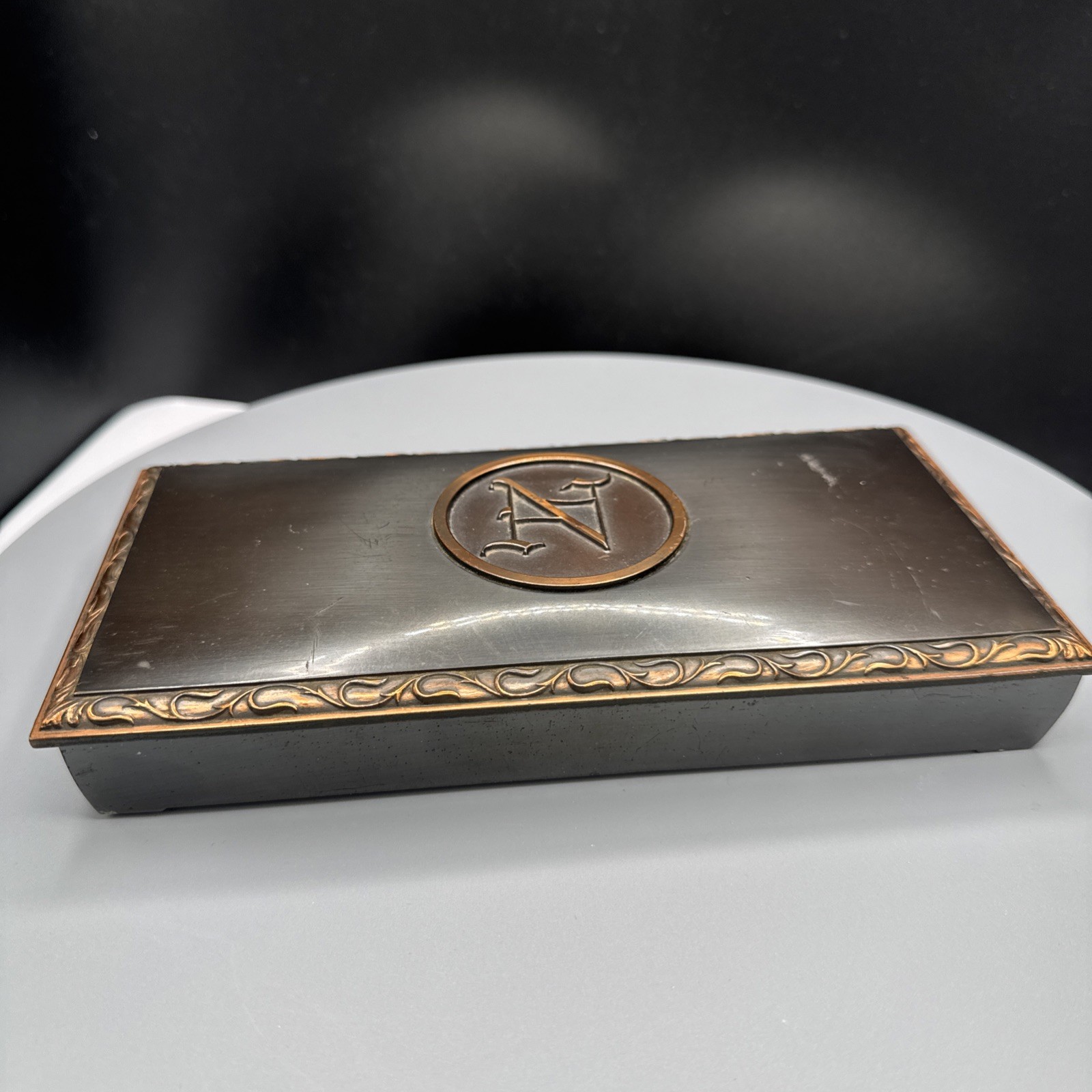 Vintage L. E. Mason Bronze, Cigarette Box Monogram “N” Cork Lined 8” X 4”