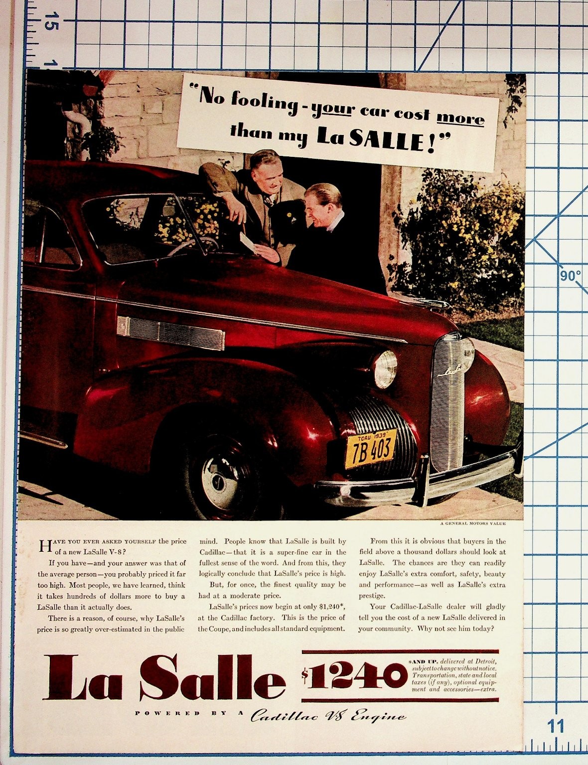 1939 La Salle Cadillac V-8 Engine Vintage Original Magazine Car Ad Automobile
