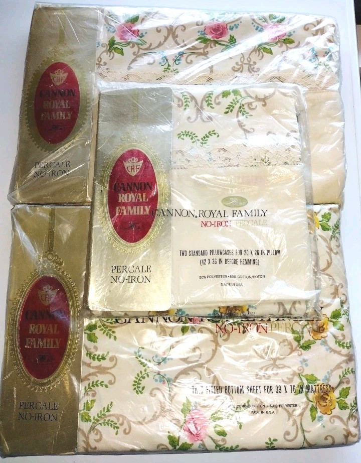 VTG Cannon Royal Family Percale Pink Roses Twin Sheet Set 60s Retro Floral NOS
