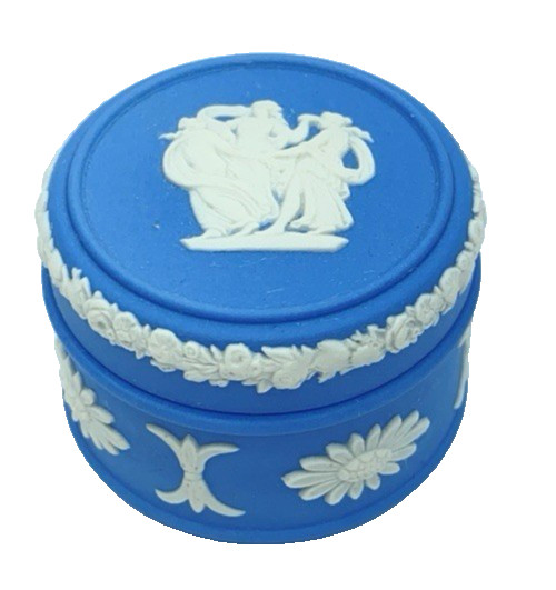 Wedgewood England 3 Ladies White Blue Jasperware Mini Round Trinket Box 1-1/4\