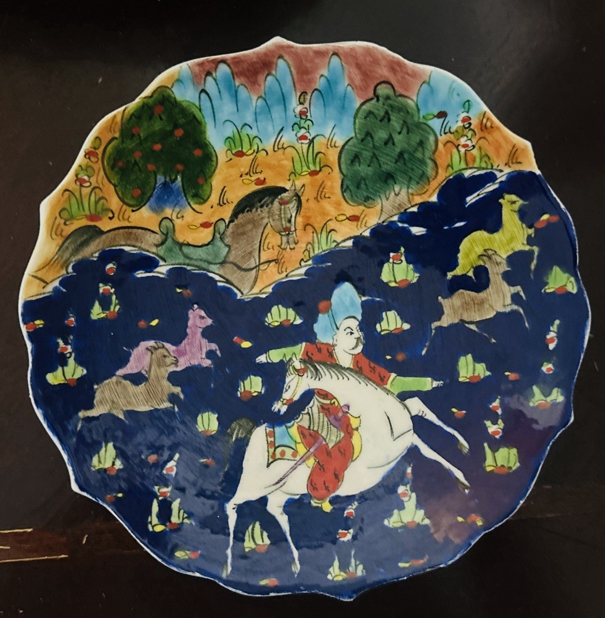 VTG Kutahya Turkey Hand Painted Pottery Plate Horse Rider Signed