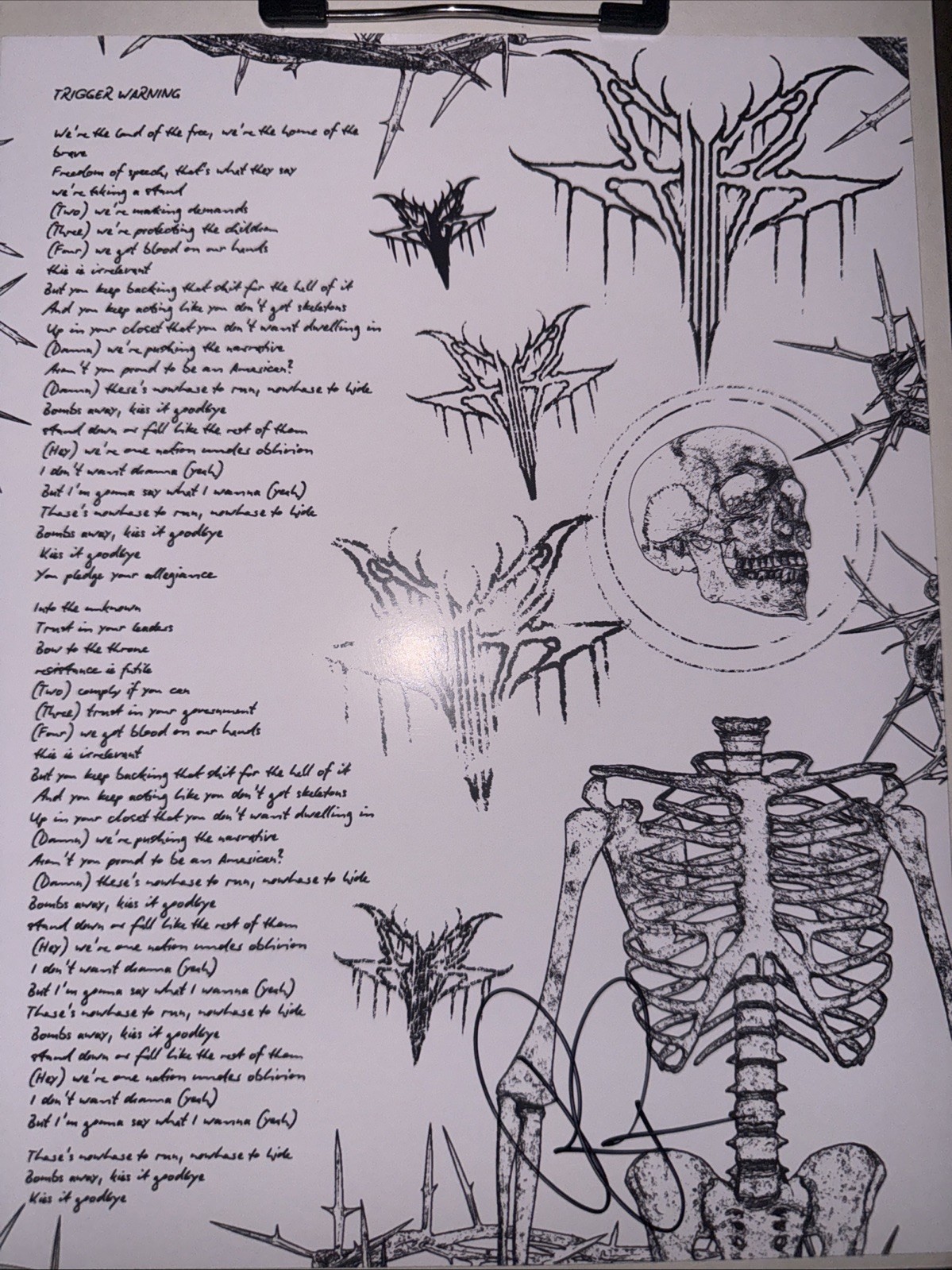 Falling In Reverse Ronnie Radke Signed Trigger Warning Lyric Sheet 8x11