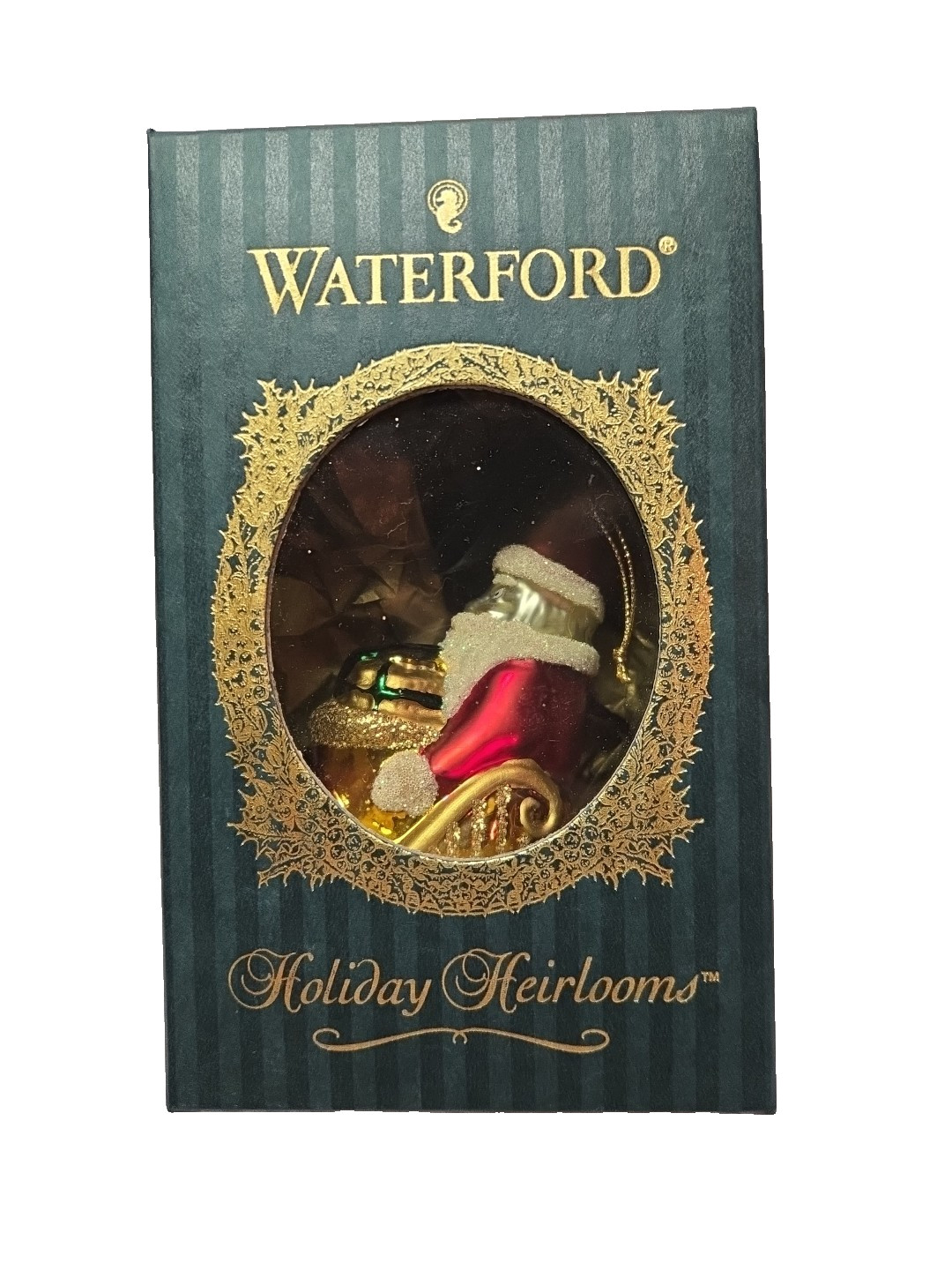 VINTAGE WATERFORD HOLIDAY HEIRLOOMS Glass Santa Clause Sleigh Ornament w/Box