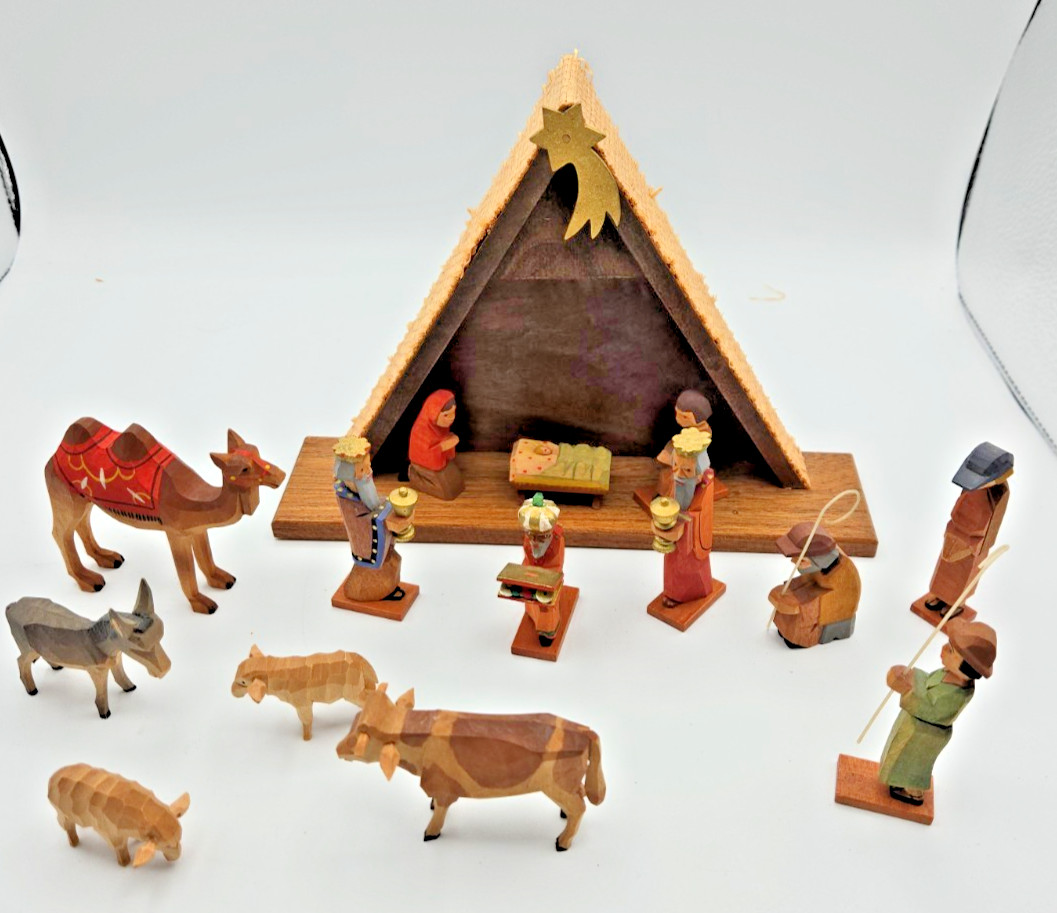 Vintage NOS 15pc Erzgebirge Expertic Hand Carved Manger Nativity In Box Germany