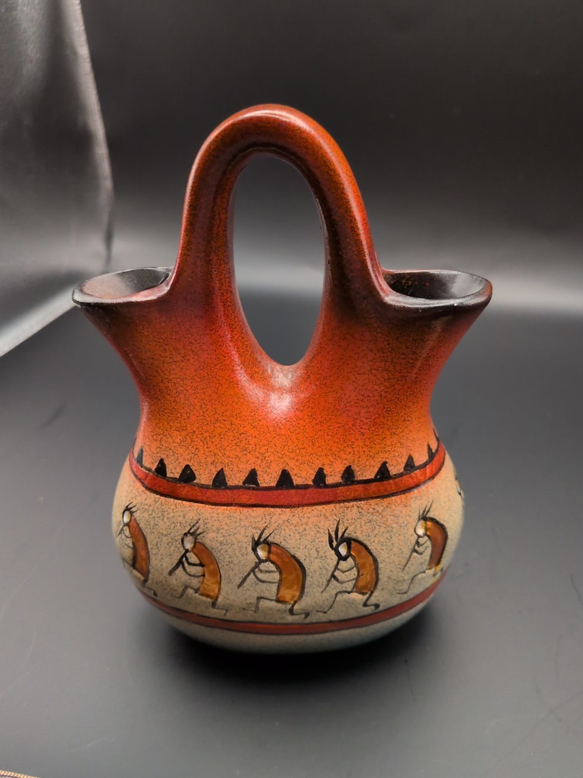 Vintage Southwestern Pottery Wedding Vase Kokopelli Flute Player Double Spout 7