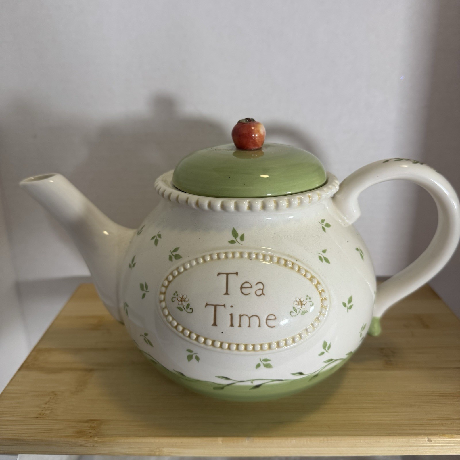 Title Tea Time Ceramic Teapot Green Cream Apple Lid Floral Country