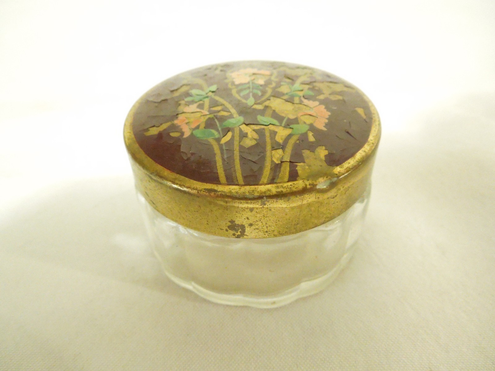 Vintage Vanity Jar Ribbed Glass w/ Hand Painted Brass Lid 2 1/4\ Vintage Vanity Jar Ribbed Glass w/ Hand Painted Brass Lid 2 1/4\
