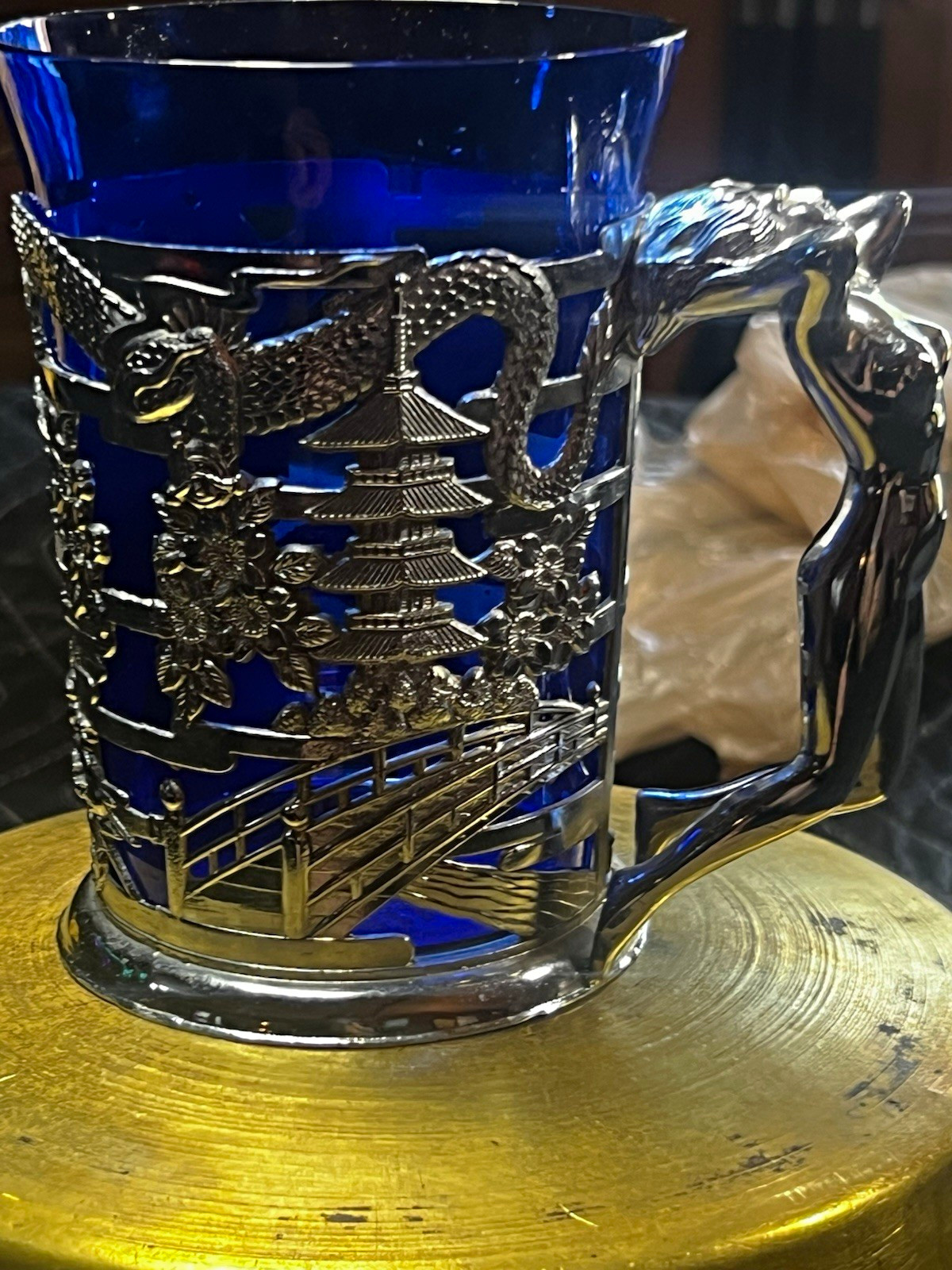 Vintage Cobalt Blue Glass Tankard Nude Lady Handle Dragon Pagoda Mug