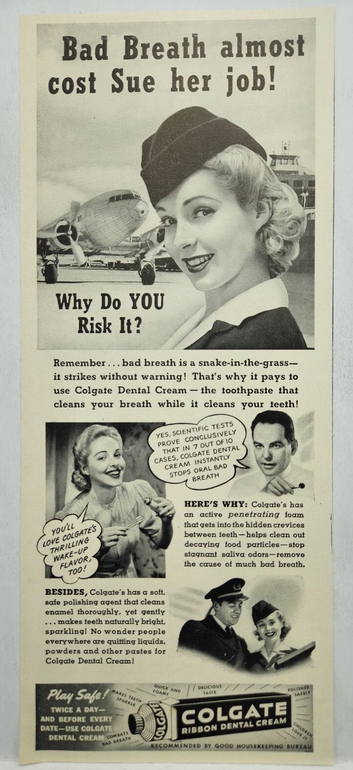 1941 Colgate Dental Cream Airplane Stewardess WWII Era Original Print Ad Life