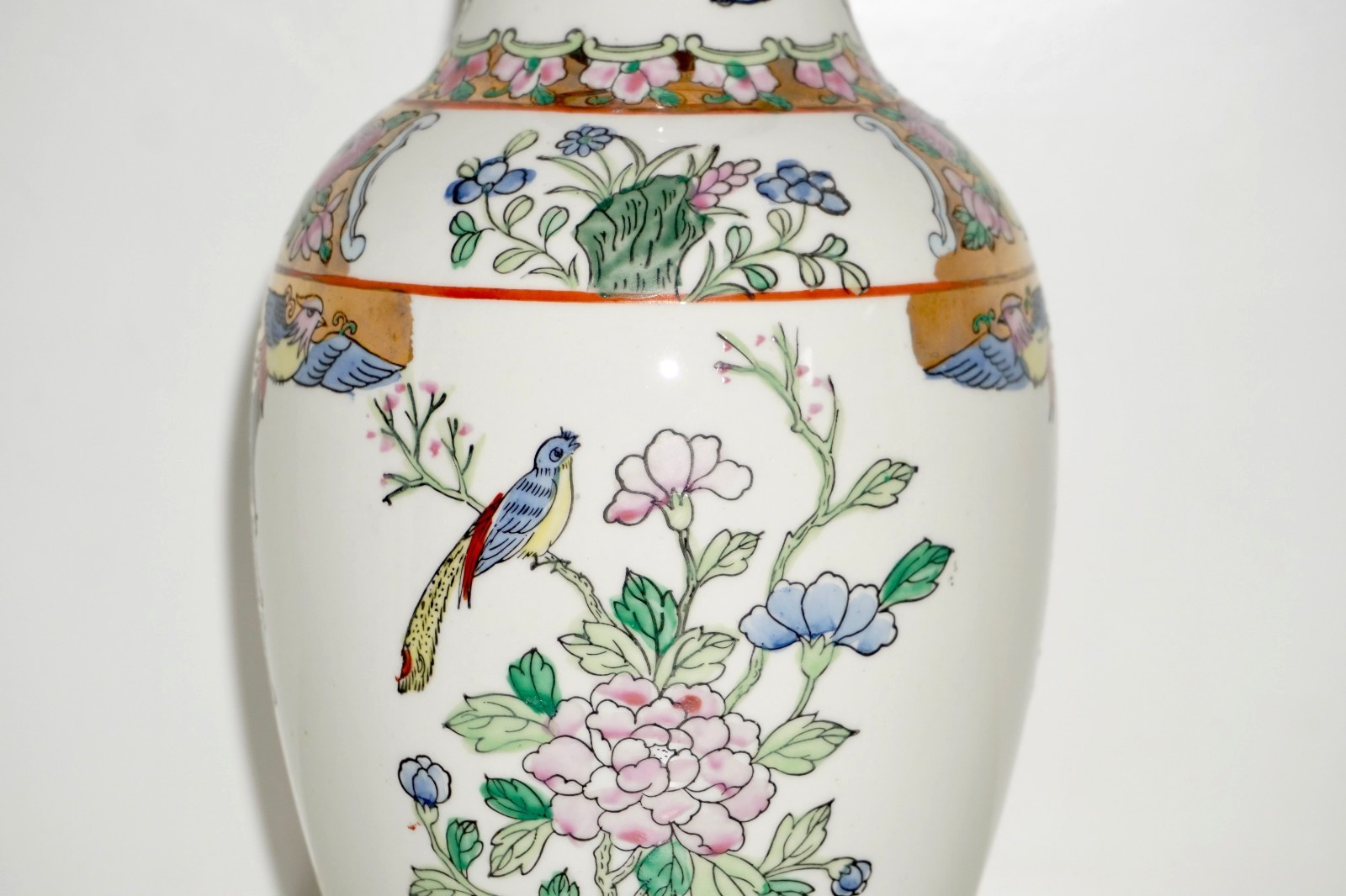 Famille Rose Chinese Vase, Vintage Oriental Export, Porcelain Vase Flowers Birds