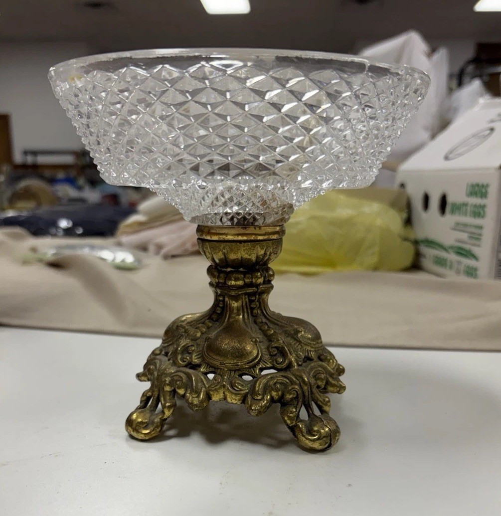 Vintage Hand Cut Lead Crystal Brass Compote Pedestal Hollywood Regency