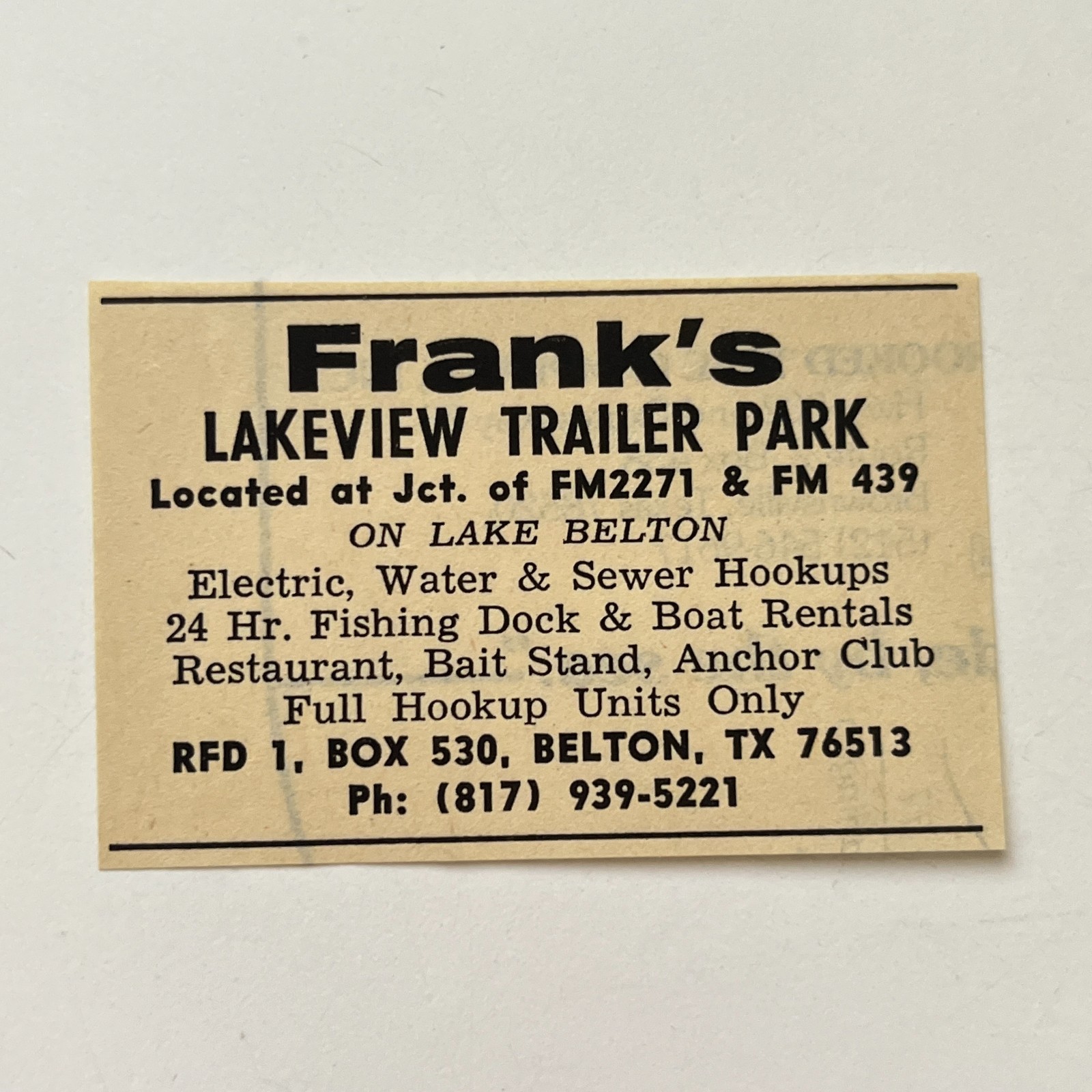 Frank\'s Lakeview Trailer Park Belton TX 1974 Ad TAK7-S19