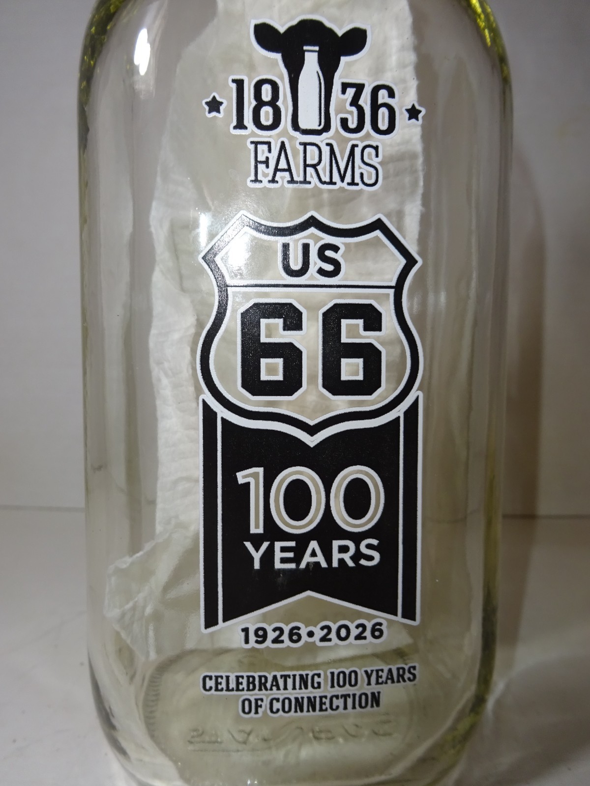 1836 Farms Route 66 100 Years Commemorative Glass Milk Bottle 1926–2026