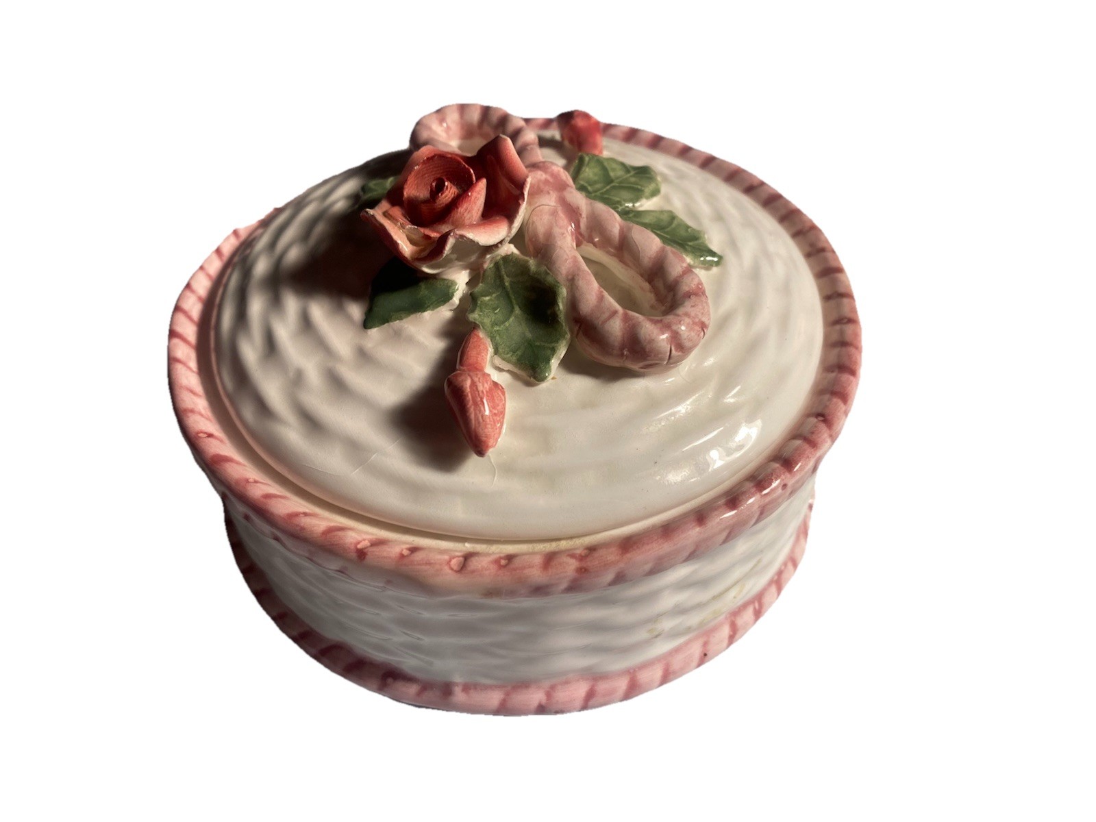 Antique Ribbon Rose Handcrafted Exclusively For Seymour Mann Inc. Dish W/lid￼