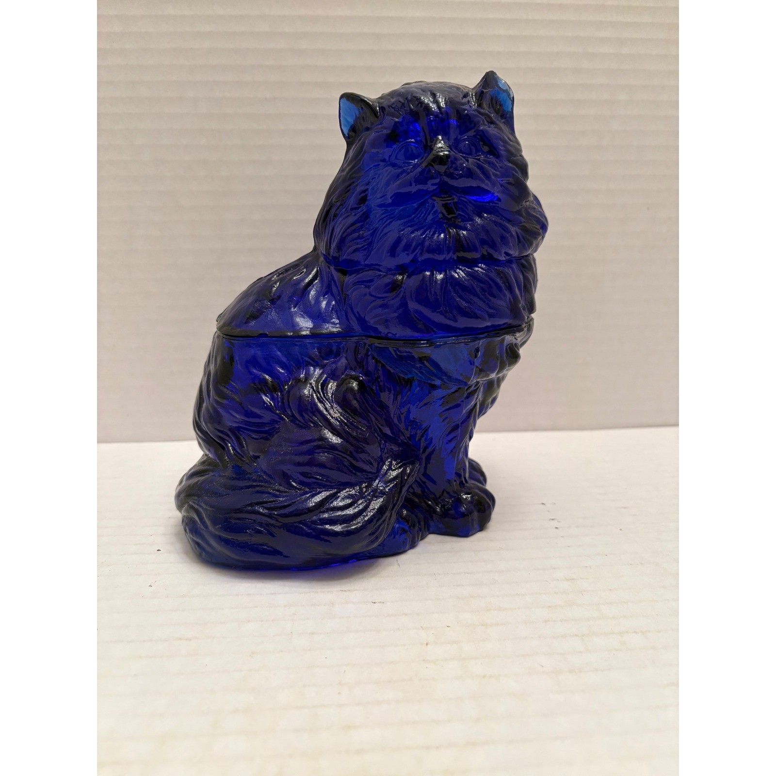 Vintage Cobalt Blue Glass Persian Cat Trinket Dish Candy Jar Figurine 7in