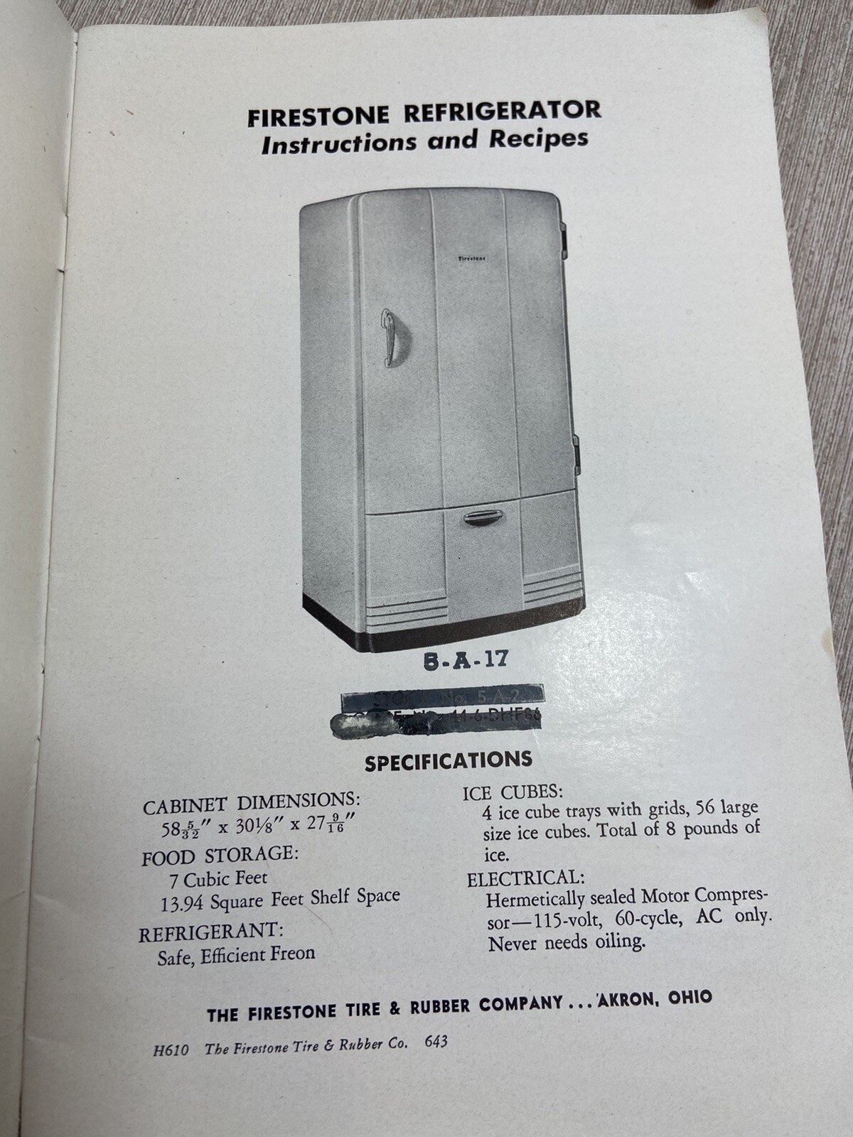vtg FIRESTONE ELECTRIC REFRIGERATOR 1947 Instruction & Recipes Book
