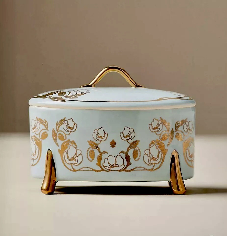 NEW ANTHROPOLOGIE X THE MET TRINKET BOX WT LID CLASSIC FLORAL GILDED STONEWARE