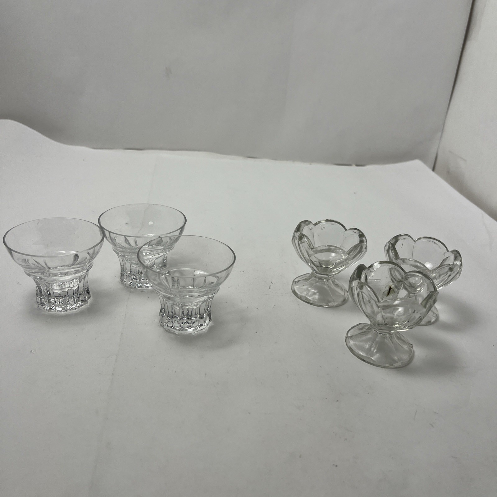 6 Vintage Crystal CORDIALS / Shot Glass Open Salt Cellar Pedestal Base Etched 6 Vintage Crystal CORDIALS / Shot Glass Open Salt Cellar Pedestal Base Etched