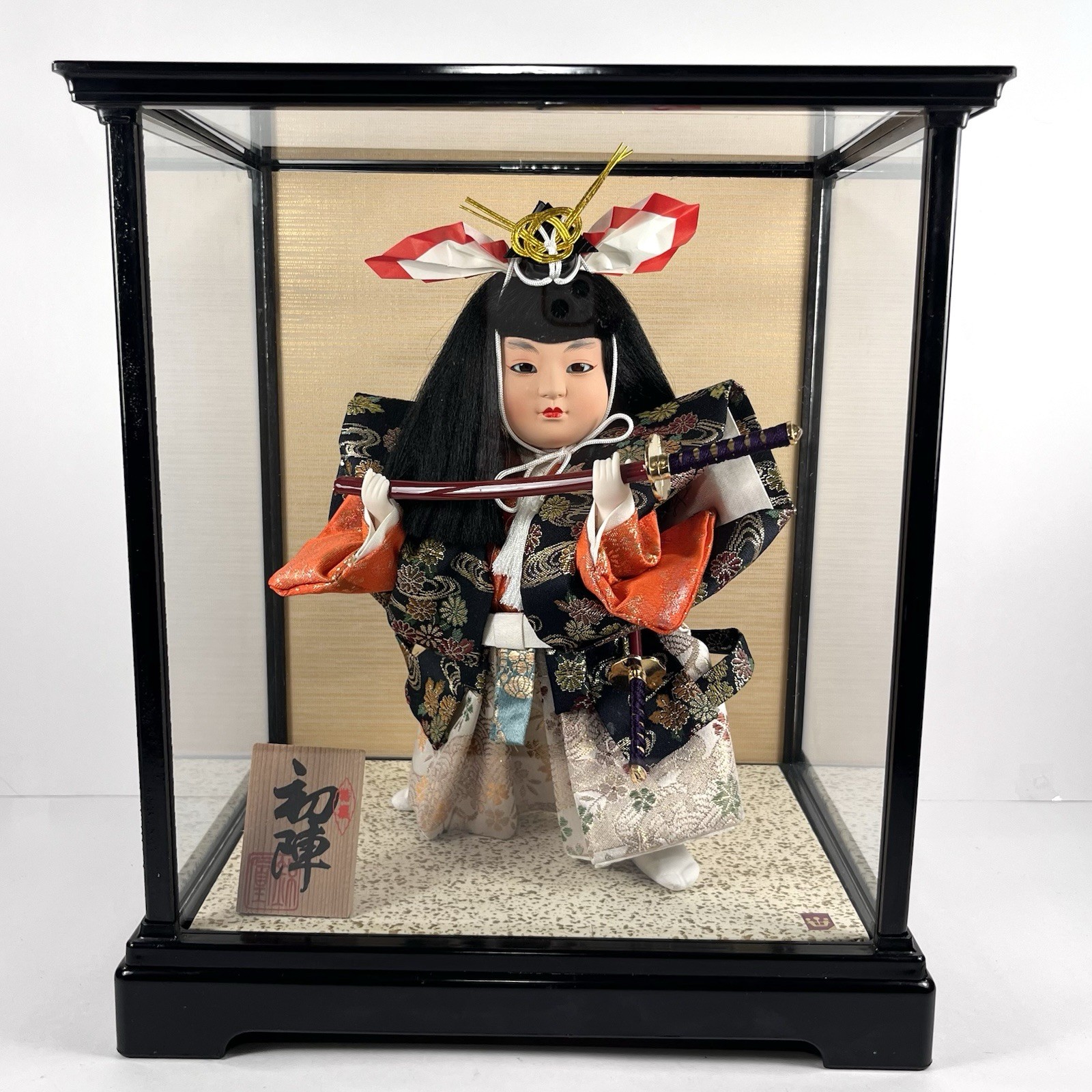 Japanese Samurai Boy Doll Gogatsu Ningyo (May Doll) “First Battle” In Glass Case