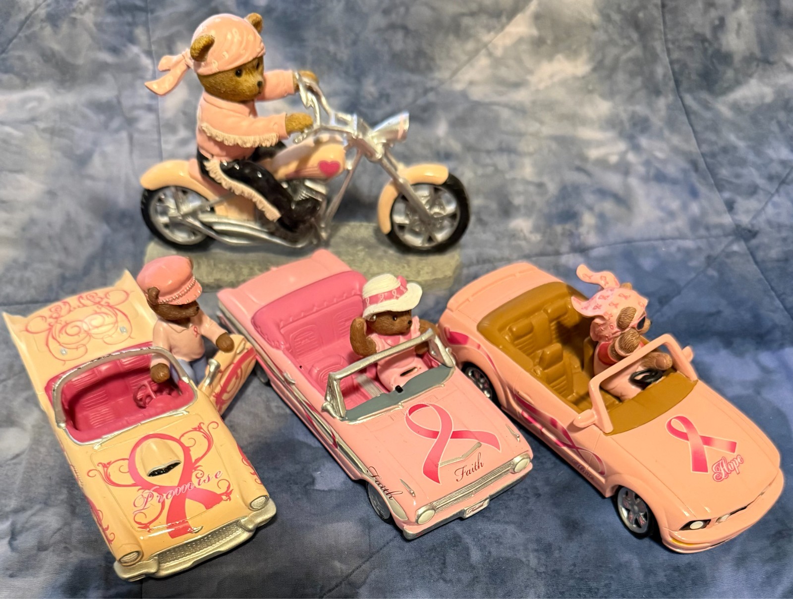 Four Hamilton Collection Breast Cancer Ford bears in vehicles collectables