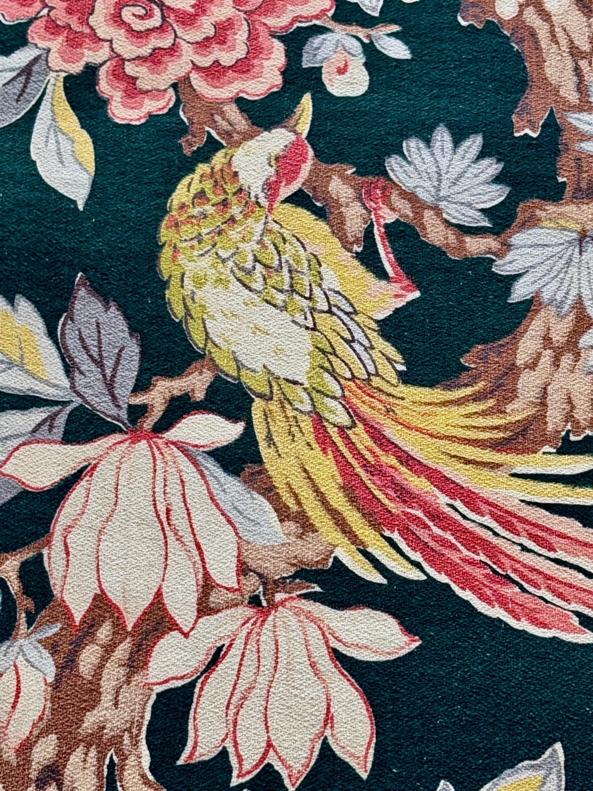 GLAMMY Birds & Huge Cabbage Roses on Black Barkcloth Vintage Fabric for PILLOW GLAMMY Birds & Huge Cabbage Roses on Black Barkcloth Vintage Fabric for PILLOW