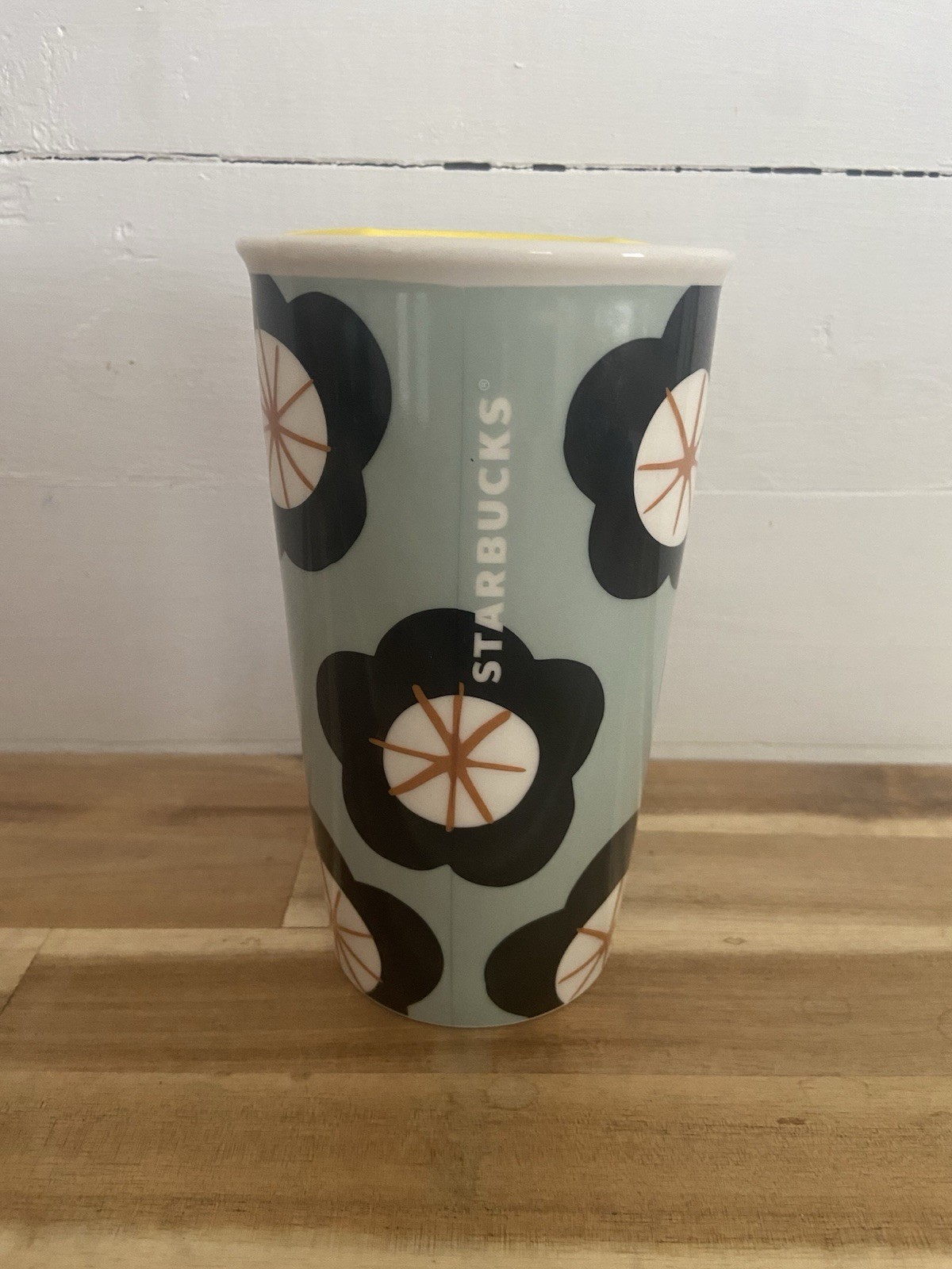Starbucks Green Spring Black Floral Ceramic Traveler Tumbler 12oz
