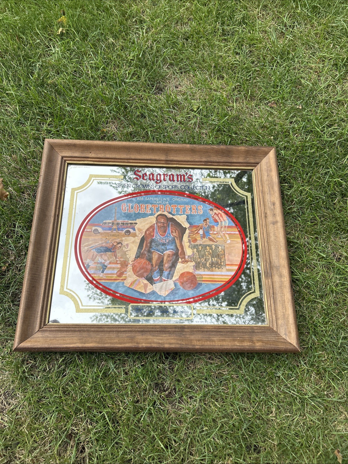 SEAGRAMS SEVEN CROWNS OF SPORTS HARLEM GLOBETROTTERS SPORTS BAR MIRROR FRAMED
