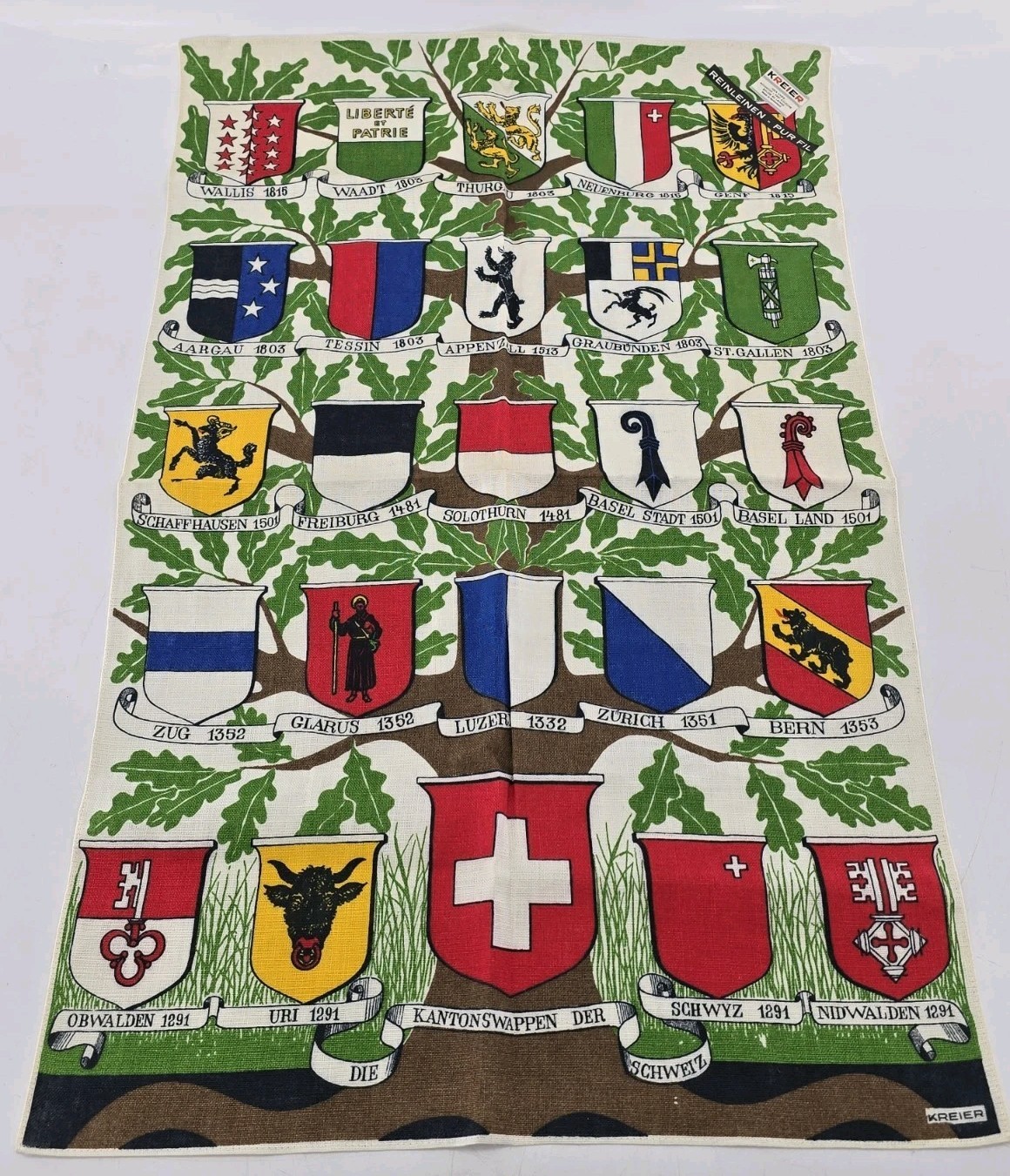 VINTAGE KREIER TEA TOWEL SWITZERLAND - COATS OF ARMS 17\ VINTAGE KREIER TEA TOWEL SWITZERLAND - COATS OF ARMS 17\