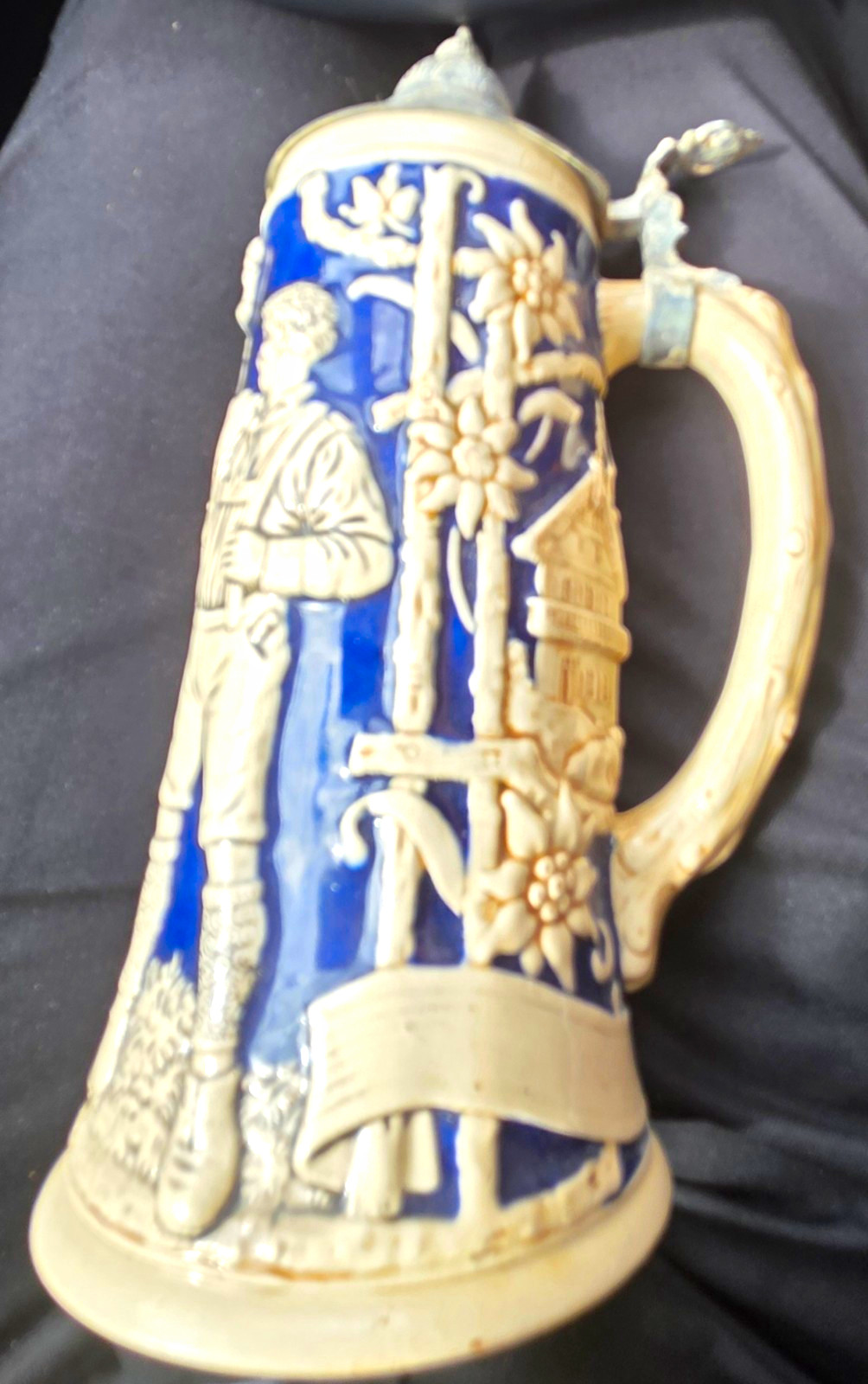 German Style Blue & White Lidded Beer Stein Mug Relief Figures Breweriana