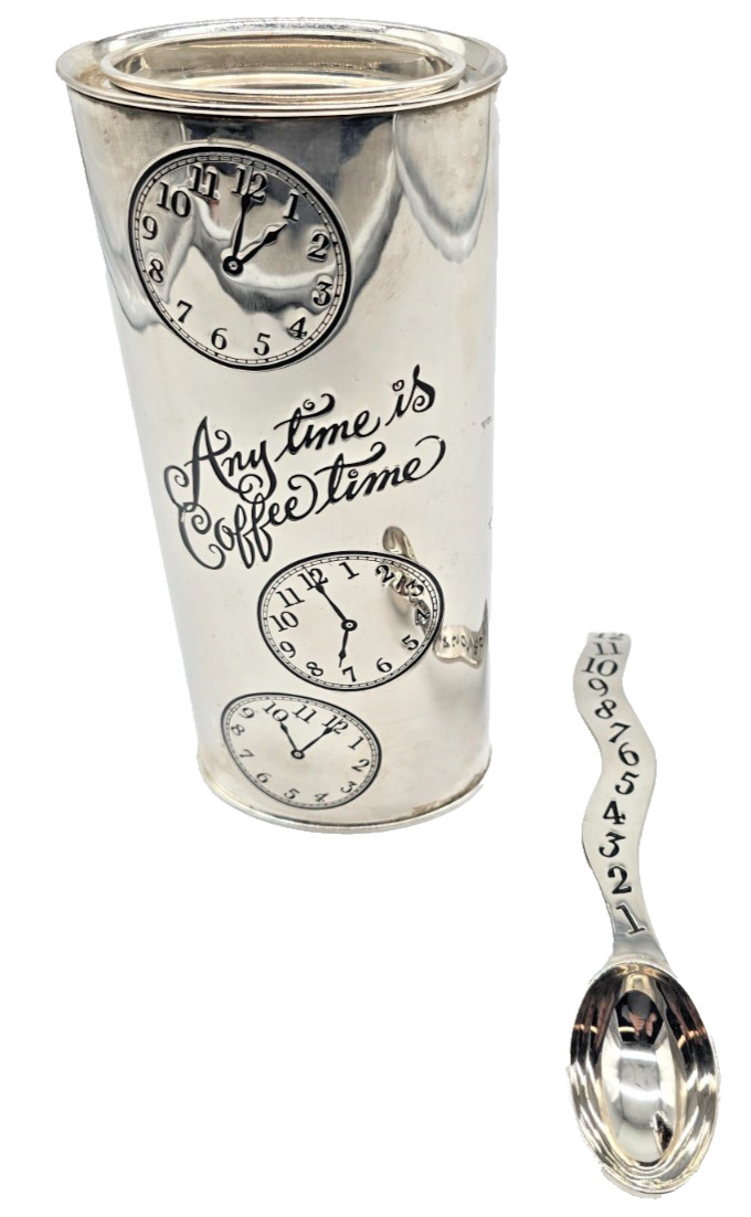 Neiman Marcus Anytime is Coffee Time Silver Plated Coffee Canister w/Spoon WOW