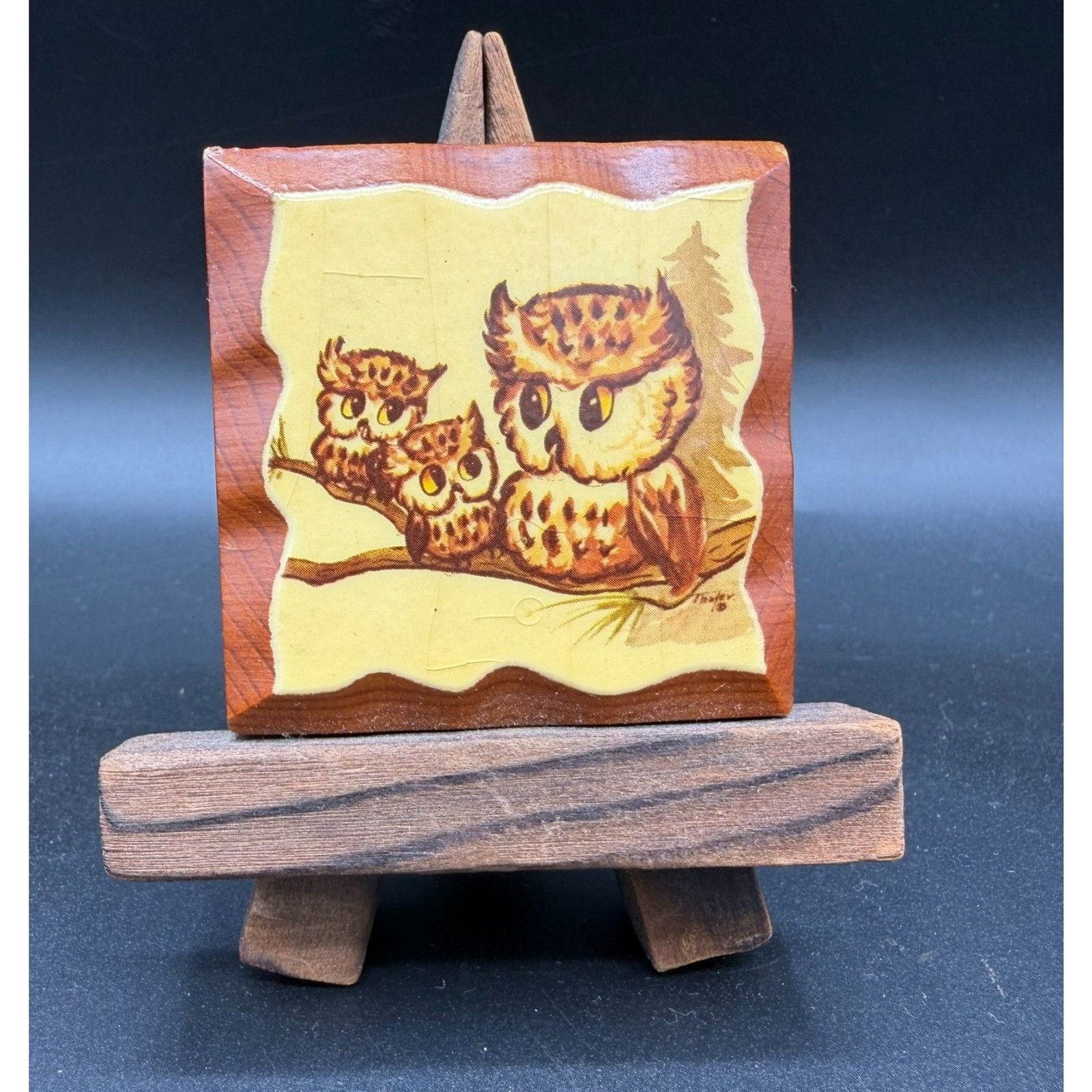 Vintage 1970s Owl Family Decoupage Wood Plaque Miniature Art w/ Wooden Easel