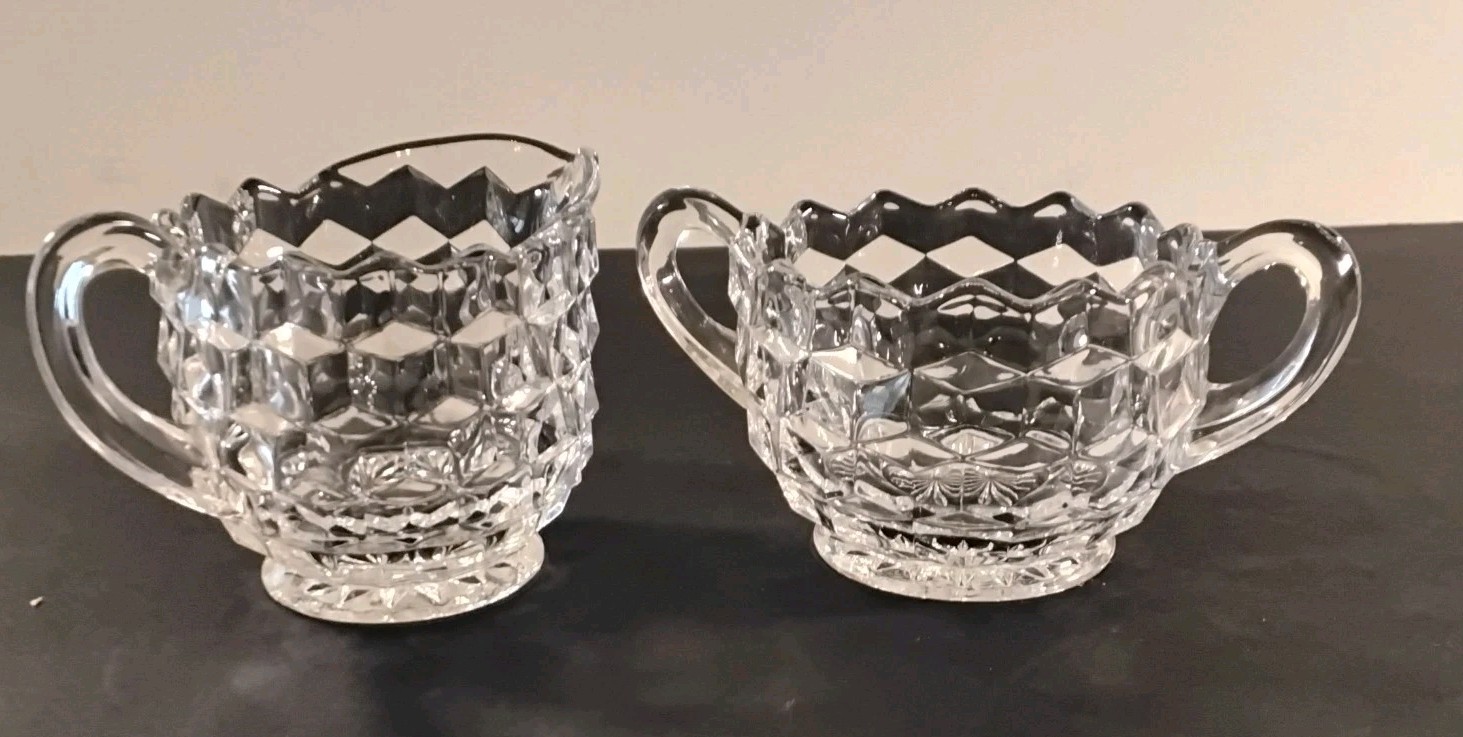 Vintage Clear Glass Creamer And Sugarbowl Set Fostoria 'American' Footed Handles