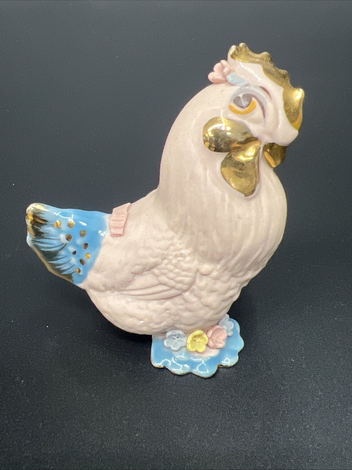 Vintage Walker Renaker Pink Bisque Chicken Hen Figurine Applied Flowers