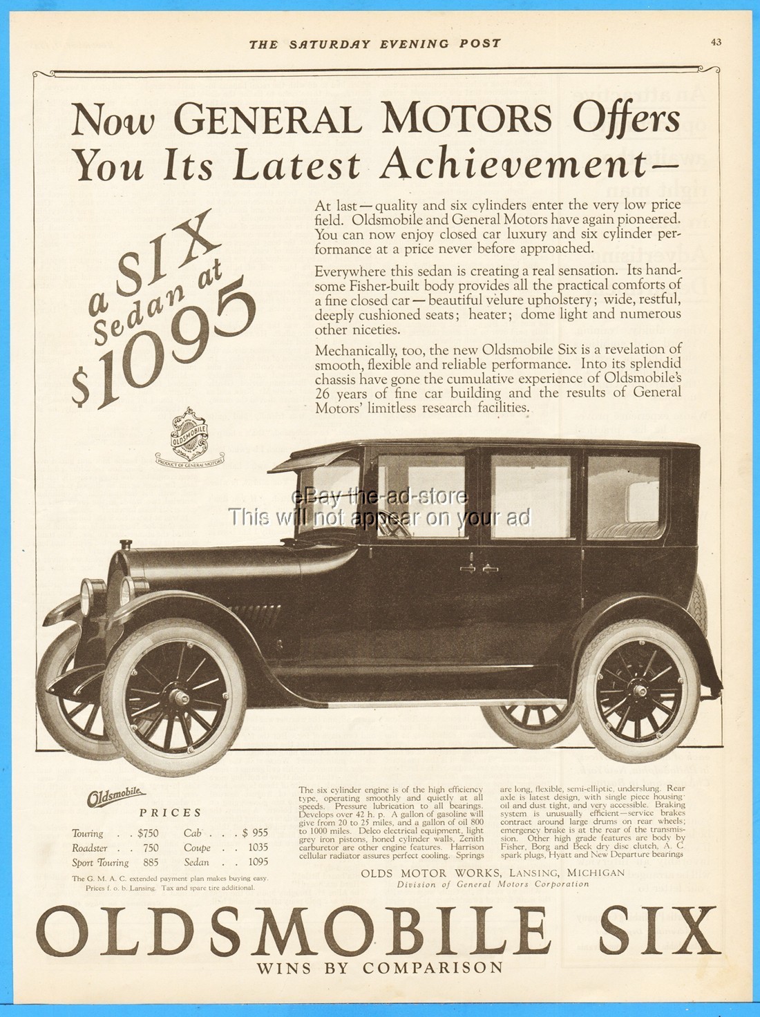 1923 Oldsmobile Six Sedan Closed Car Olds Motor Works GM Lansing Michigan Ad